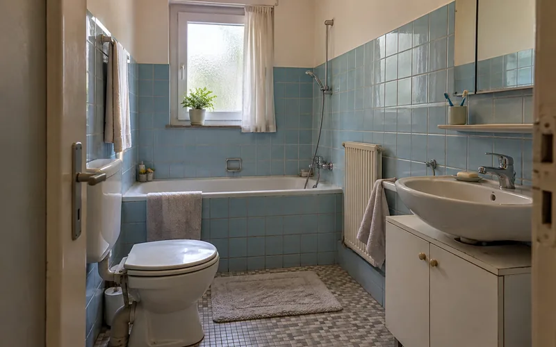 Altes Badezimmer mit hellblauen Wandfliesen bis Türhöhe und einer Einbauwanne unter dem Fenster
