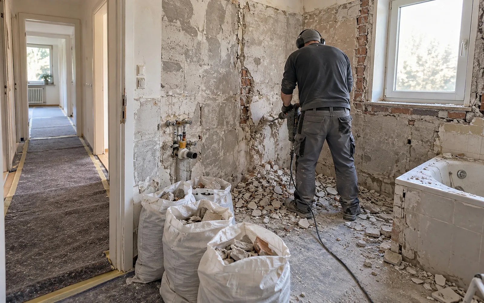 Bad im Rückbau: Fliesen entfernt, Schutt in Säcken, der Flur ist mit Vlies abgedeckt