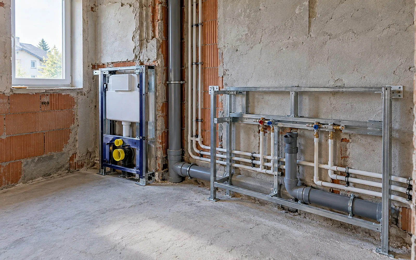 Rohinstallation mit Vorwandelementen für WC und Waschtisch und neuen Wasserleitungen