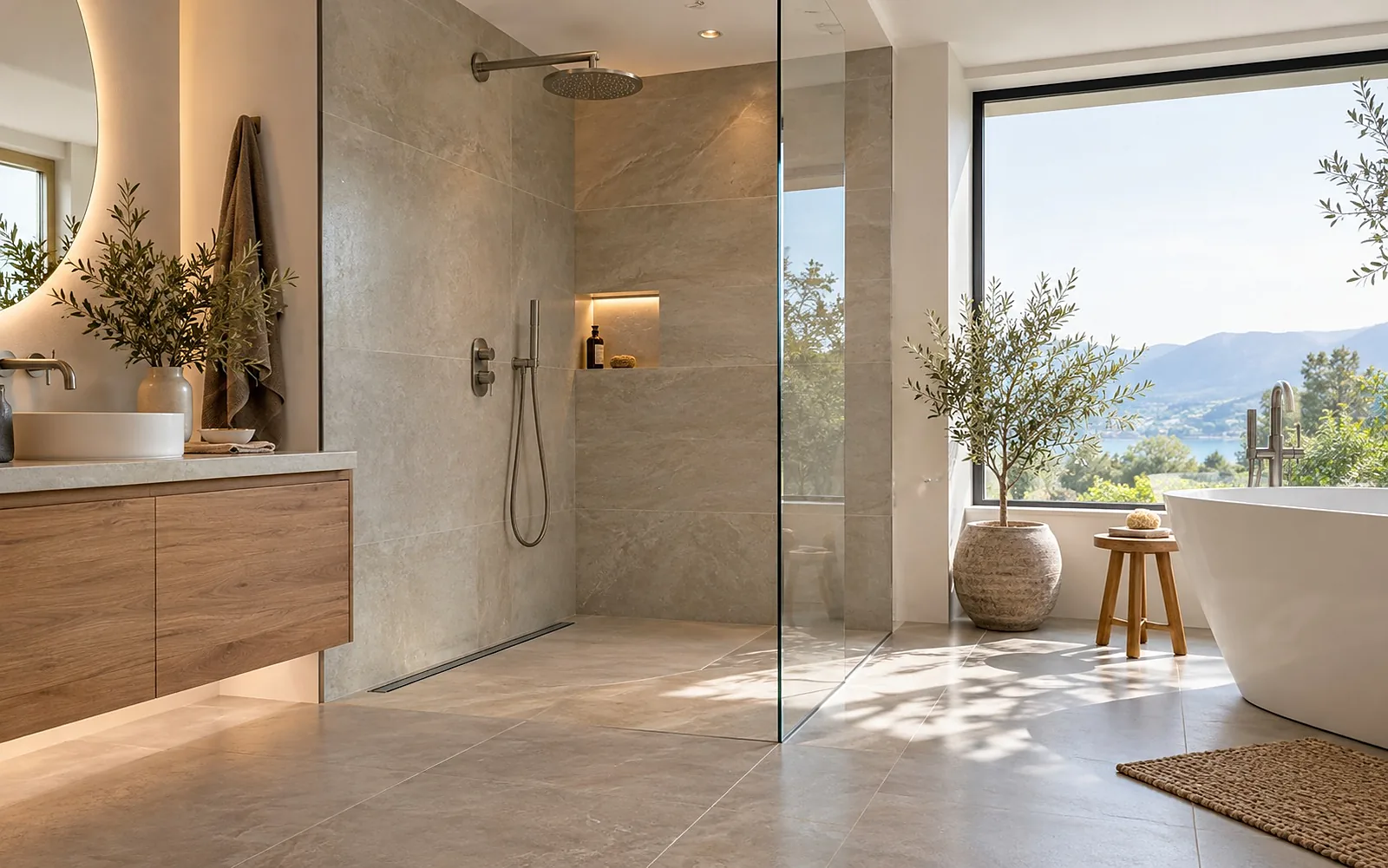 Bodengleiche Dusche mit Duschrinne an der Wand und fester Glaswand