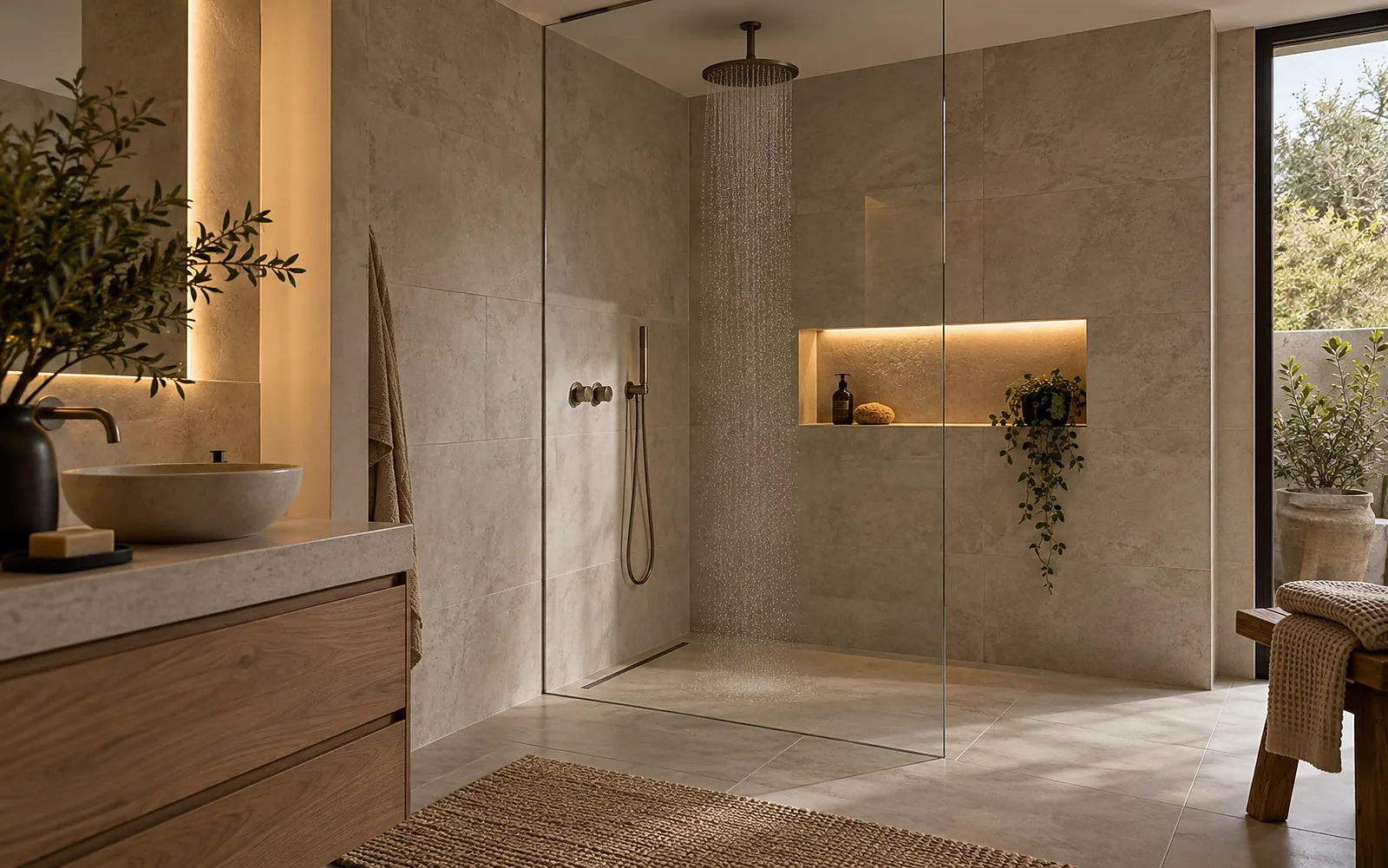 Walk-in-Dusche mit Klarglaswand, Regenbrause und Wandnische