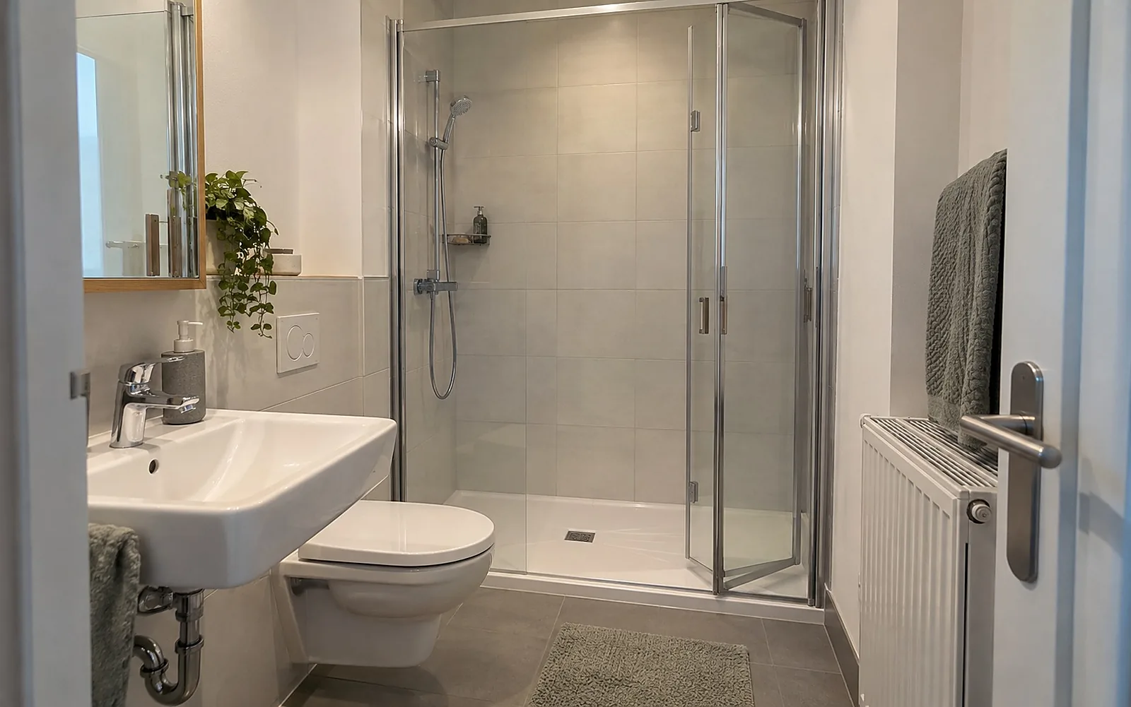 Dusche mit flacher Duschfläche und Glasfalttür in der Nische einer früheren Badewanne