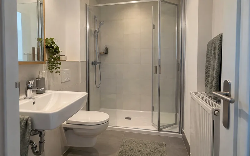 Dusche mit flacher Duschfläche und Glasfalttür in der Nische einer früheren Badewanne