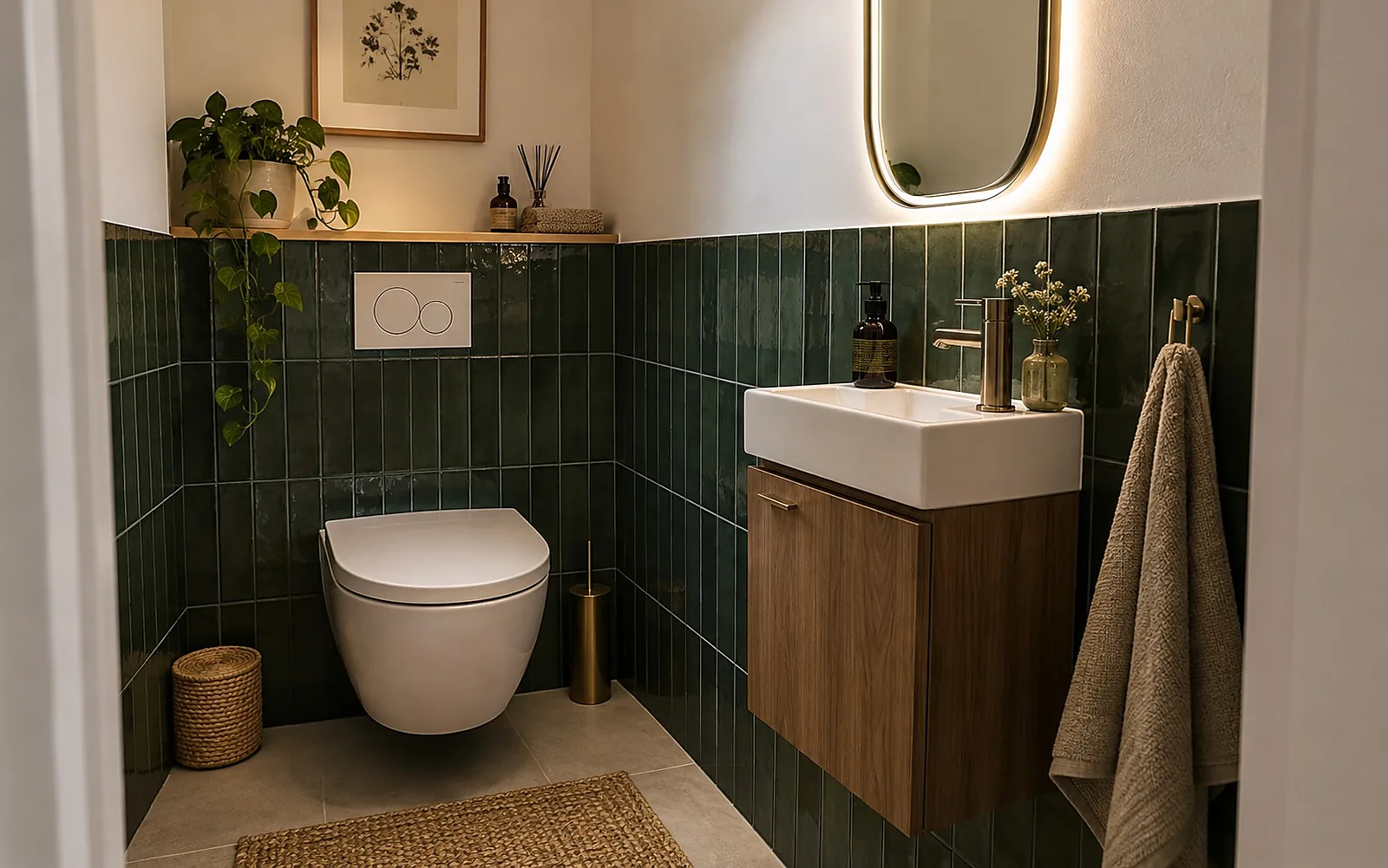 Kleines Gäste-WC mit Wand-WC, schmalem Handwaschbecken und dunkelgrünen Fliesen