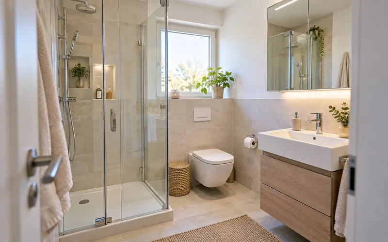 Kleines Bad mit Dusche in der Ecke, Wand-WC und Spiegelschrank