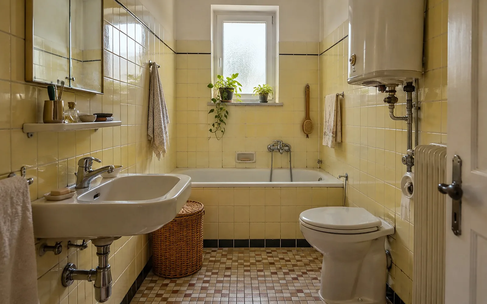 Schmales Bad aus den 1950er-Jahren mit gelben Wandfliesen, Wanne und Boiler