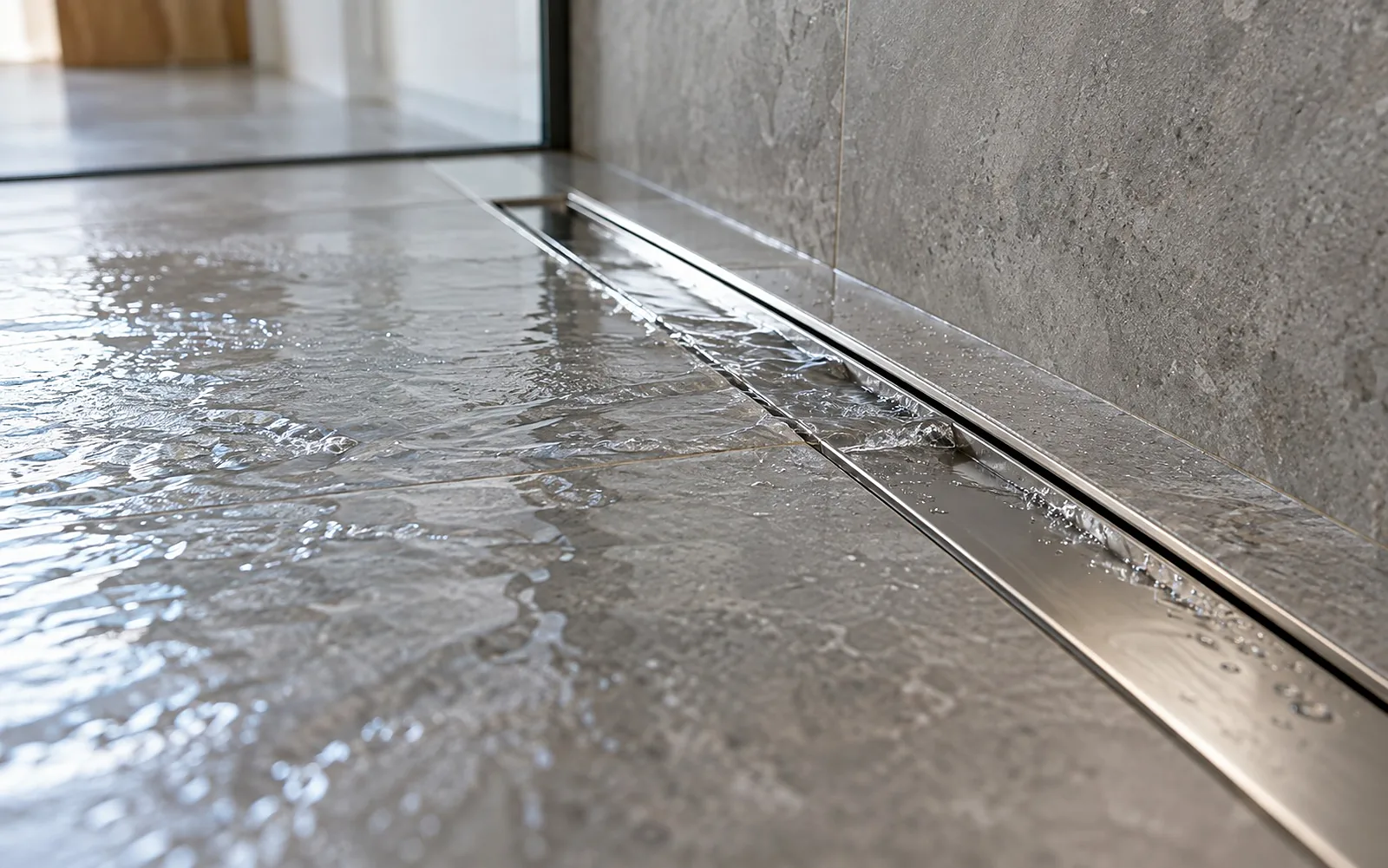Edelstahl-Duschrinne in einer bodengleichen Dusche, Wasser läuft ab