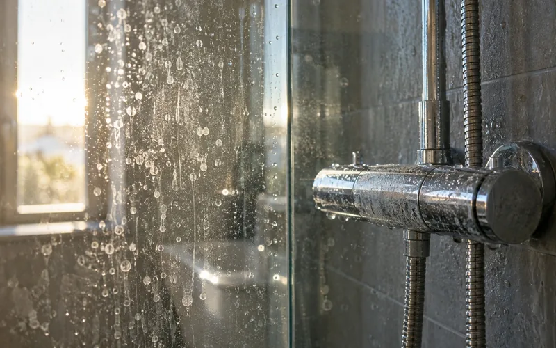 Kalkflecken und Wassertropfen auf Duschglas und Chromarmatur