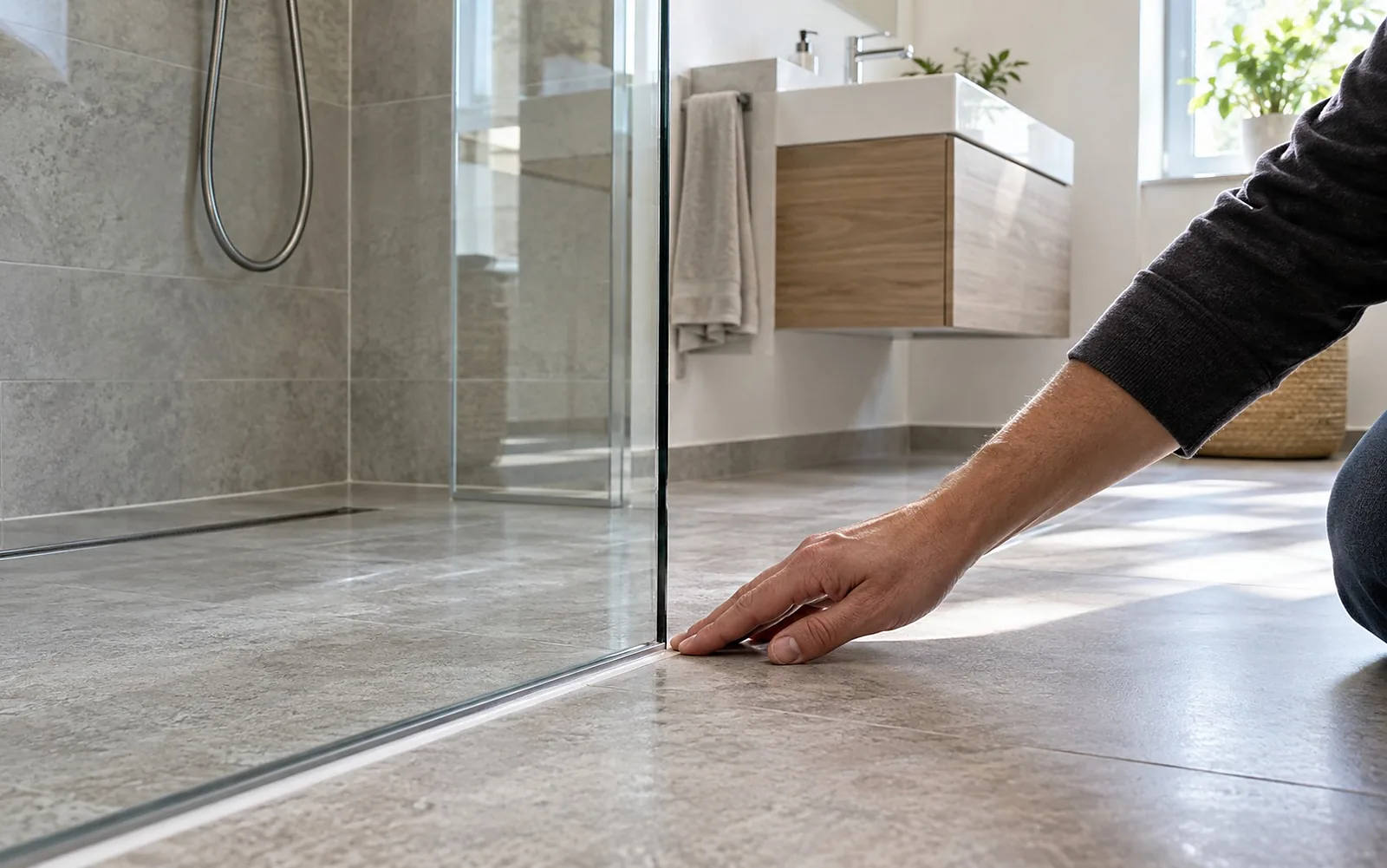 Fertiges Bad bei der Übergabe, eine Hand prüft die Silikonfuge an der Dusche