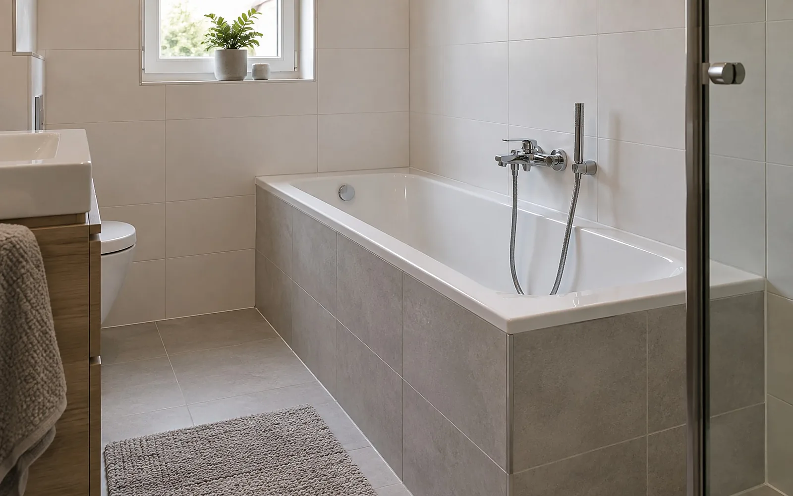 Neu eingebaute Badewanne mit gefliester Wannenschürze und Wandarmatur