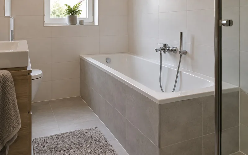 Neu eingebaute Badewanne mit gefliester Wannenschürze und Wandarmatur