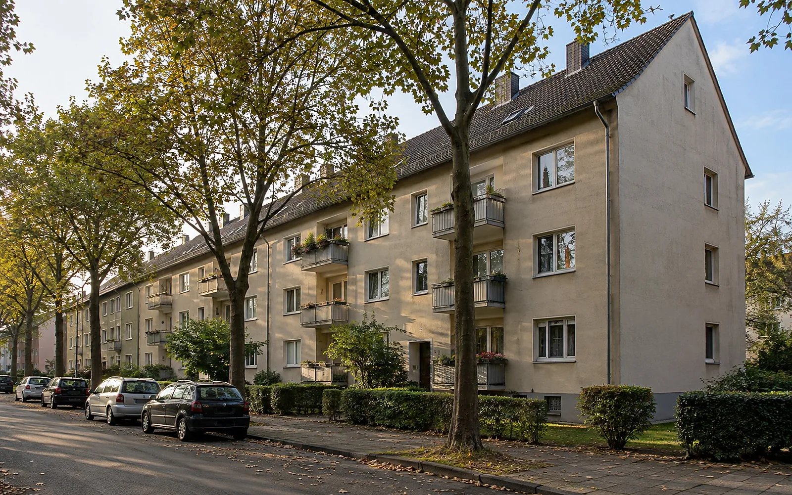 Mehrfamilienhaus aus den 1950er-Jahren mit heller Putzfassade und kleinen Balkonen
