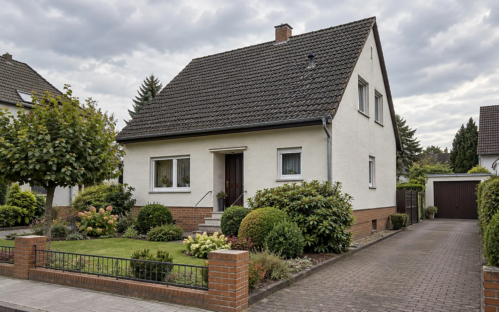 Einfamilienhaus aus den 1960er-Jahren mit Satteldach, Klinkersockel und Vorgarten