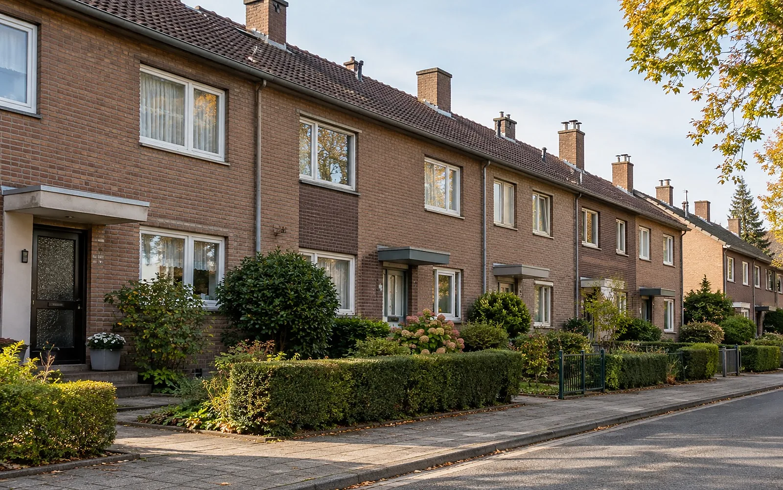 Reihenhauszeile aus den 1970er-Jahren mit Klinkerfassade und kleinen Vorgärten